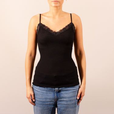 Balzina Leavers wool/silk spaghetti top lace trim