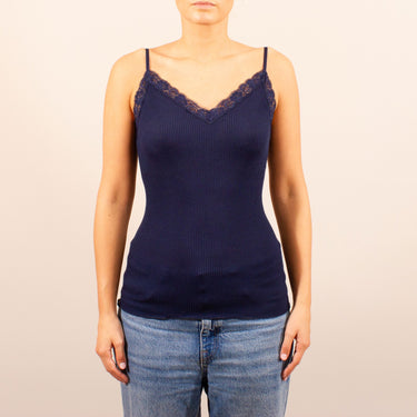 Balzina Leavers wool/silk spaghetti top lace trim