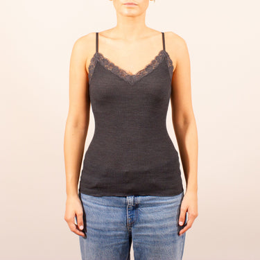 Balzina Leavers wool/silk spaghetti top lace trim