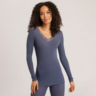 Hanro Woolen Lace T-Shirt langt ærme nightshade Blå 1